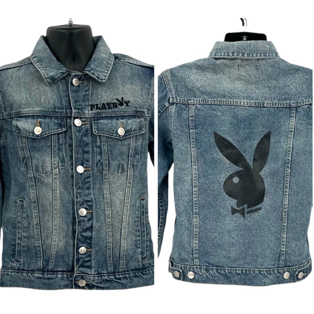 Playboy PacSun Denim Jacket Men's Small Blue Bunny Logo Trucker